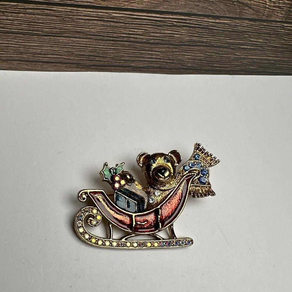 1928 Teddy Bear In Santa’s Sleigh Enamel & Rhinestone Christmas Brooch Pin